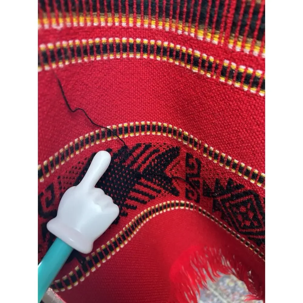 Red Black Woven Geometric Fringe Poncho Cape Shawl Boho Festival One Size